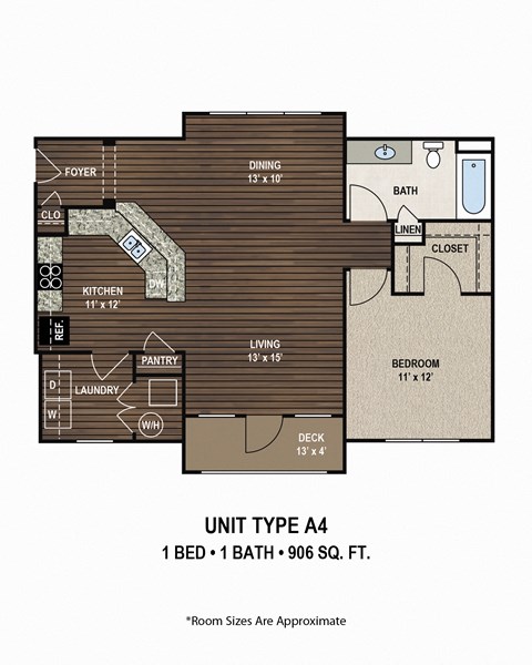 Floor plan for 1 bed, 1 bath, 906 sqft